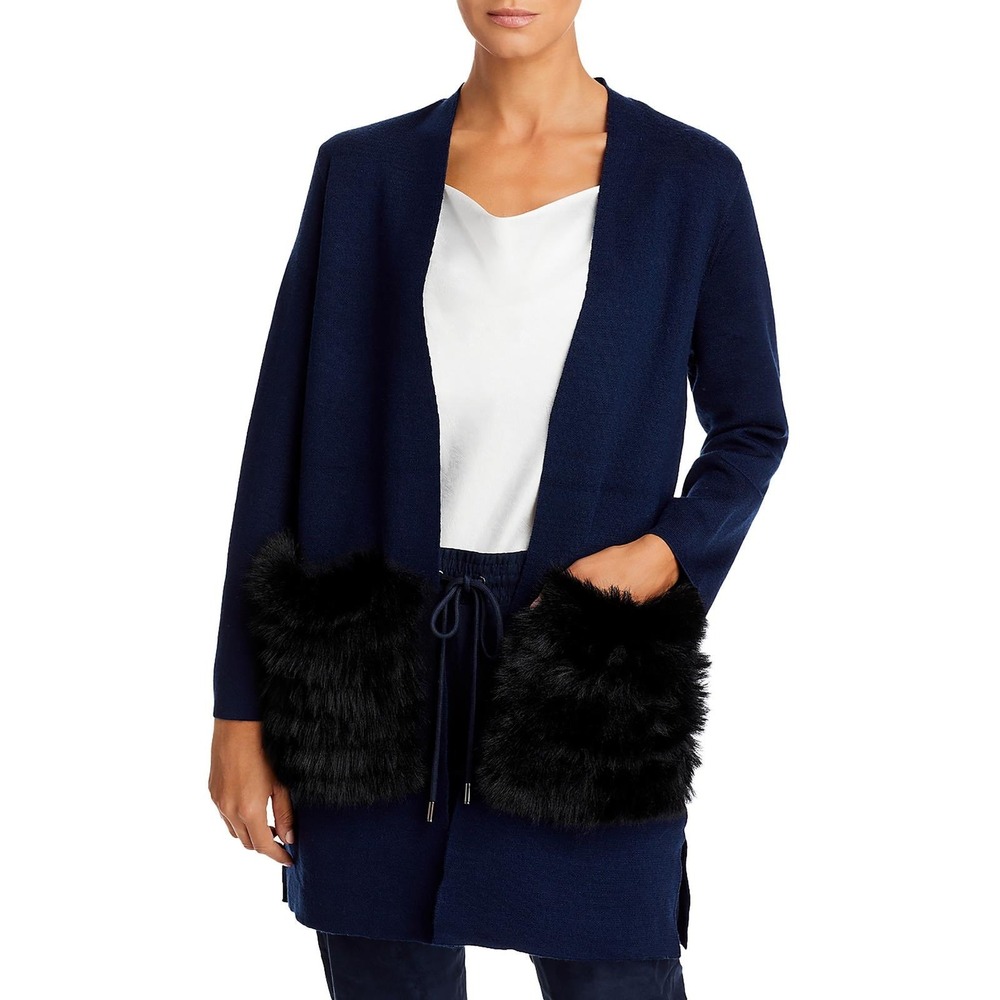 Kobi Halperin Andy Knit Cardigan Womens L Blue Fox Fur Trim Wool Blend Sweater